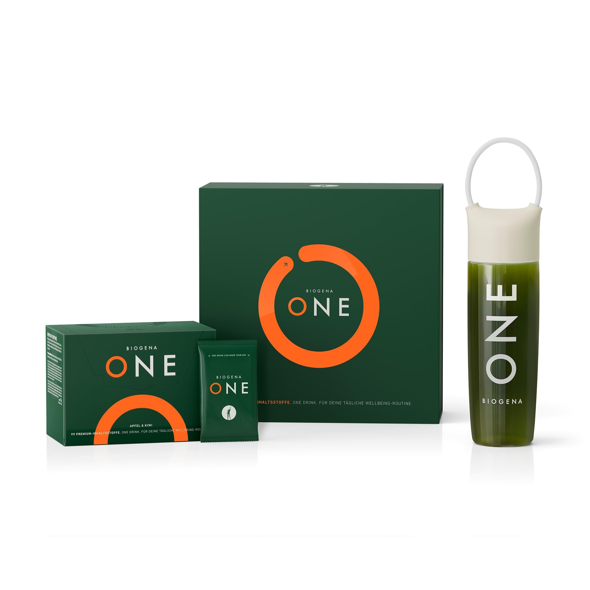 Greens Starter Bundle – All-in-One Pulver - 99 Inhaltsstoffe mit Vitamine Mineralstoffe & Darmbakterien - Superfood Drink inkl. Trinkflasche - Apfel-Kiwi - 30 Portionen