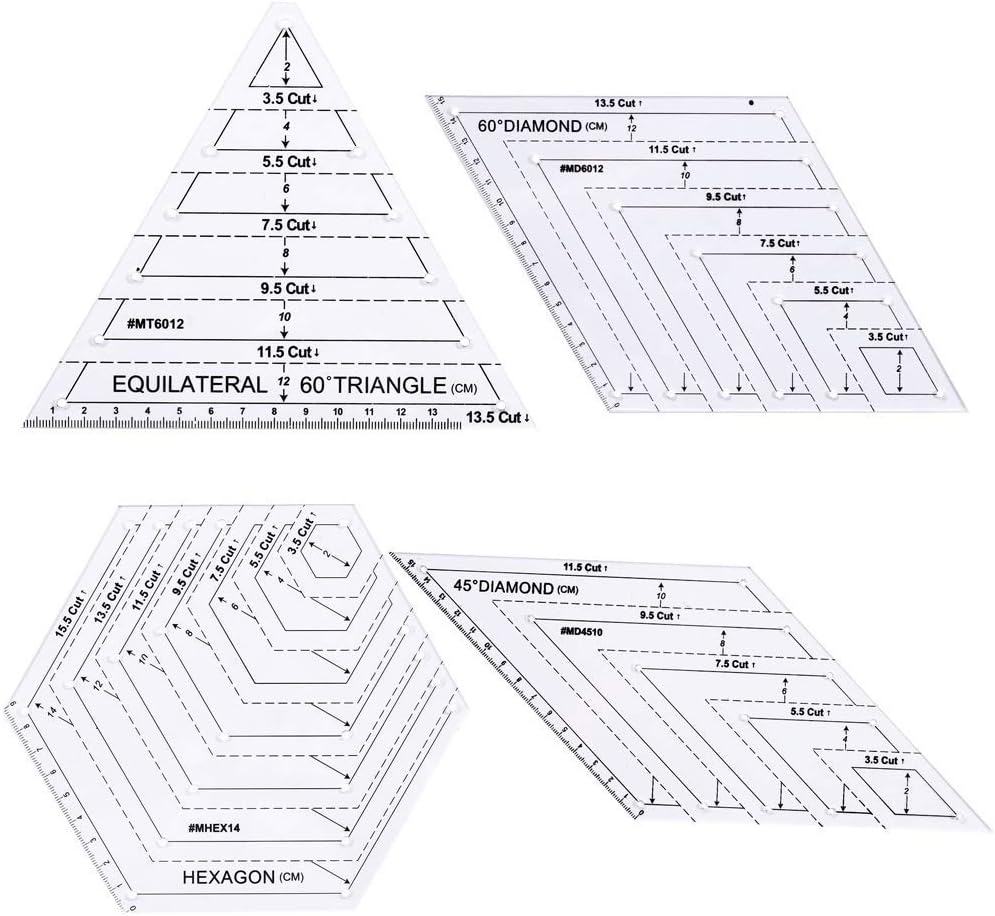 4 Pieces Diamond/Hexagon/Equilateral Quilting Ruler Rotary Cutting