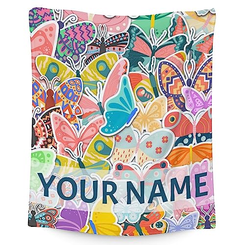 Personalized Butterfly Blanket Gifts with Name - 50"x60" Cute Throw for Women, Girls - Colorful Soft Fuzzy Blankets for Bed, Couch & Living Room