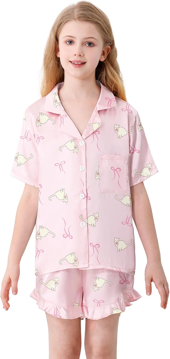 Umeyda Girls & Women Satin Pajamas Set Button Down 2 Piece Silk Pjs Shorts Set Ruffle Sleepwear, 5 Years-Women L