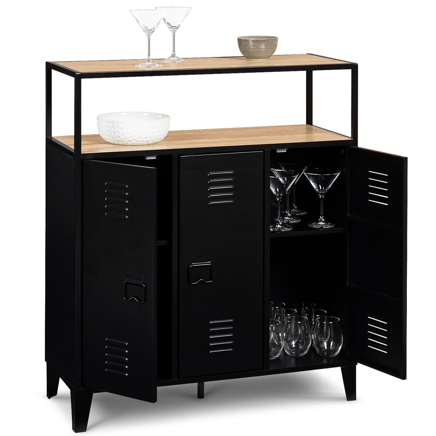 IDMarket - ESTER Buffet da bar a 3 ante in metallo nero con piano in faggio