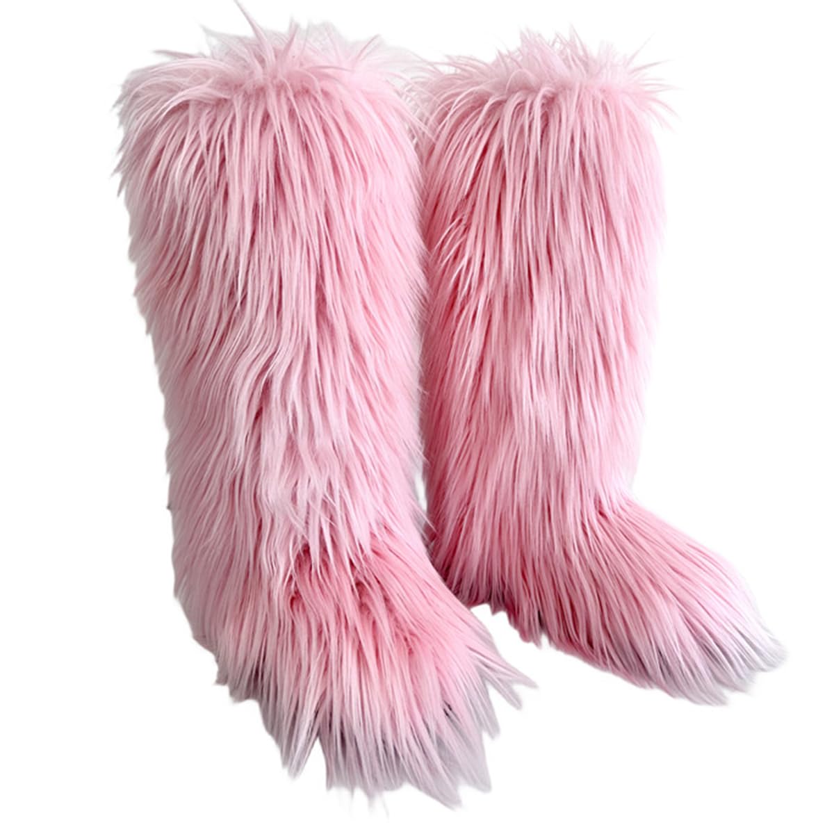 QMFUR Womens Furry Knee High Snow Boots Faux Fur Mid-Calf Boot Fluffy Flat boot Winter Warm Fashion Boots