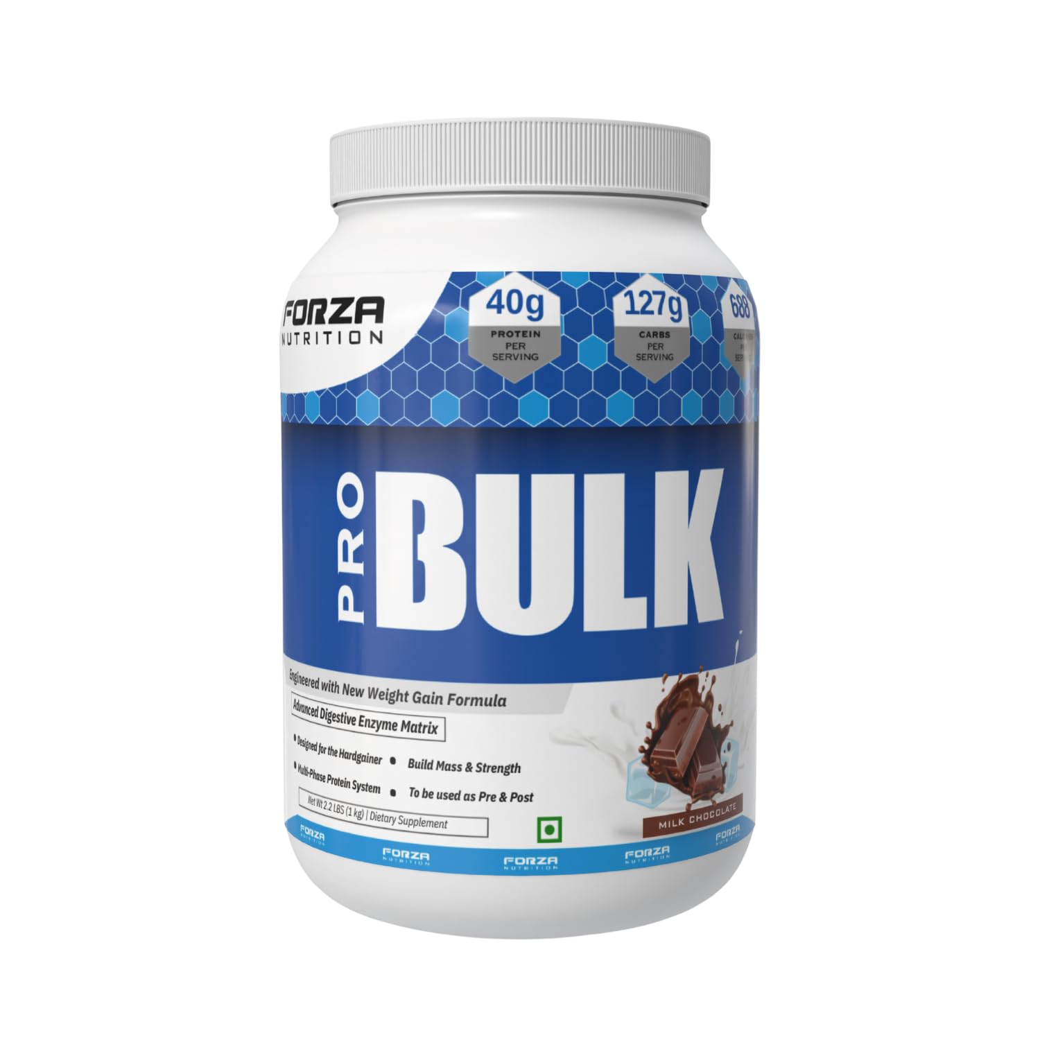 Forza Nutrition Pro Bulk Mass Gainer | High-Calorie Weight Gainer for Muscle Growth | 40g Protein Per Serving, Fast Weight Gain| Chocolate Flavour – 1kg/2.2 LBS |