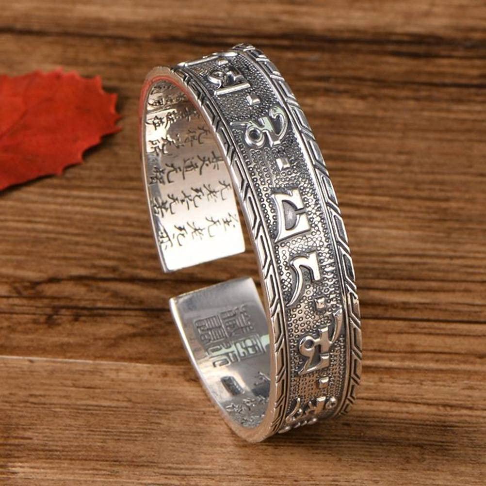 Bracciale Rigido Retrò in Argento Sterling 999 Bracciale Rigido in Argento Scritture Buddiste Femminile Larghezza Scritta Solida Maschile Braccialetto D'Argento Delle Scritture2