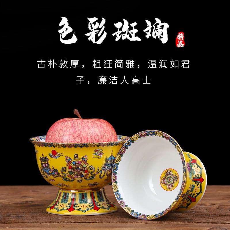 Mascot Desktop Decoration Buddhist Utensils Religious Pray Sacrificial Supplies 珐琅彩黄色套装国顺莲花供水杯圣杯佛前供果盘水果贡盘烧香炉贡品 1Pcs(6寸果盘)
