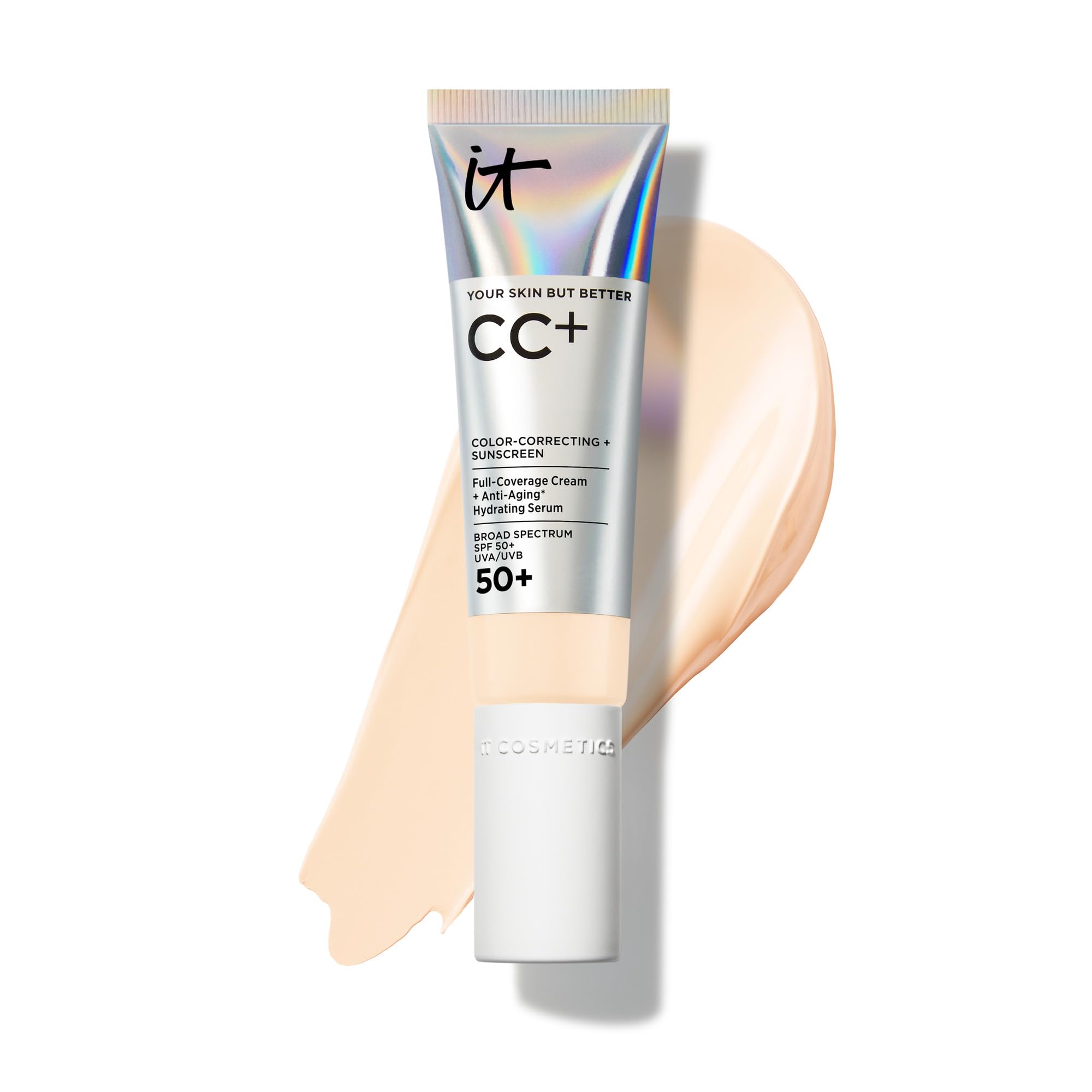 IT Cosmetics CC+ Cream - Natural Full Coverage Foundation With SPF 50+, Color Corrector & Anti-Aging Hydrating Serum, Hyaluronic Acid + Peptides, Lightweight Up To 24H Wear, All Skin Types