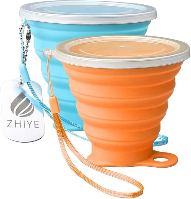 ZHIYE Collapsible Camping Cup with Lid, BPA Free Silicone Water Unbreakable Retractable Mug Portable Folding Travel Mug, Outdoor Hiking 9.5 Oz 2 packs