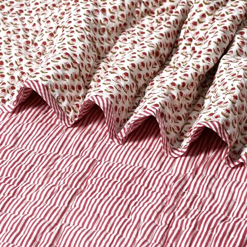 Ridhi Block Print Quilted Throw Blanket 100% Cotton Quilt, Cover for Couch and Bed, Sage Lap Bedding Coverlet, Luxury Oversized Quilted Throw (Queen 90' x 96', Vermilion Red)