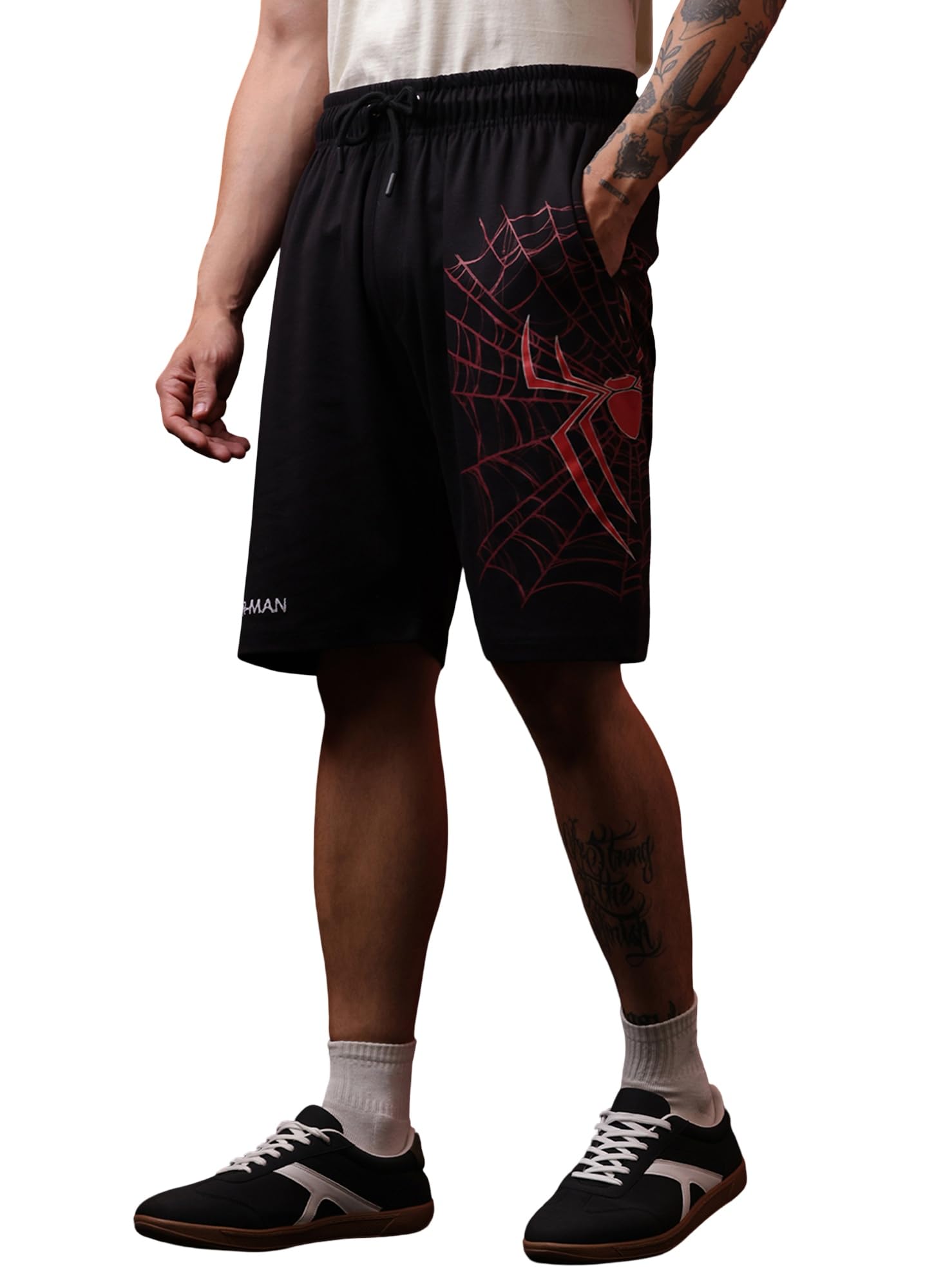 official marvel spider-man men's cotton shorts | drawstring waist, side pockets, graphic print casual sleepwear shorts