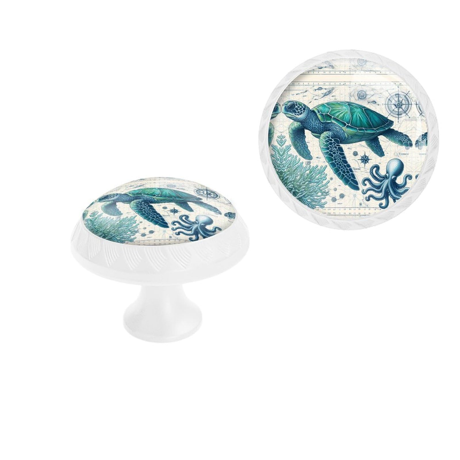 YHVHKA 4 Pack White Cabinet Knobs, Sea Turtles Nautical Theme Glass Crystal Drawer Dresser Knobs Unique Cabinet Door Handle for Kitchen Bathroom