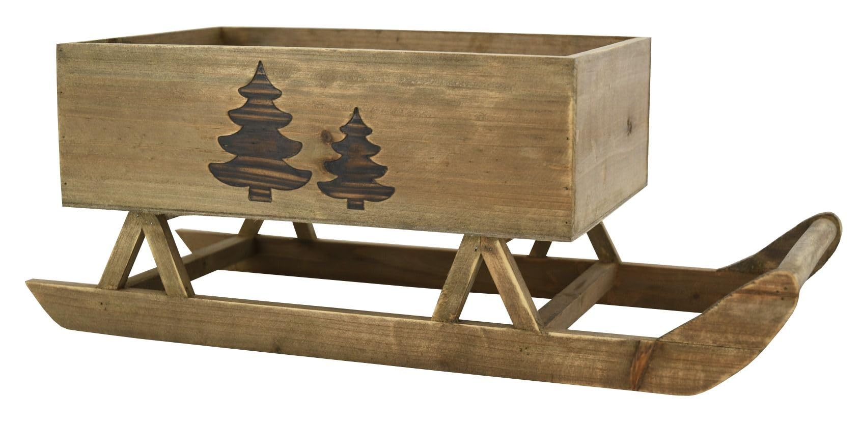 AUBRY GASPARD - Luge Bois Teinté Sapin - Naturel Brun - 58 x 24 x 23 cm - Décor Sapins - Polyvalente Jardinière, Décoration, Présentation Produits - Contenant 37 x 23 x 12 cm - Léger et Élégant