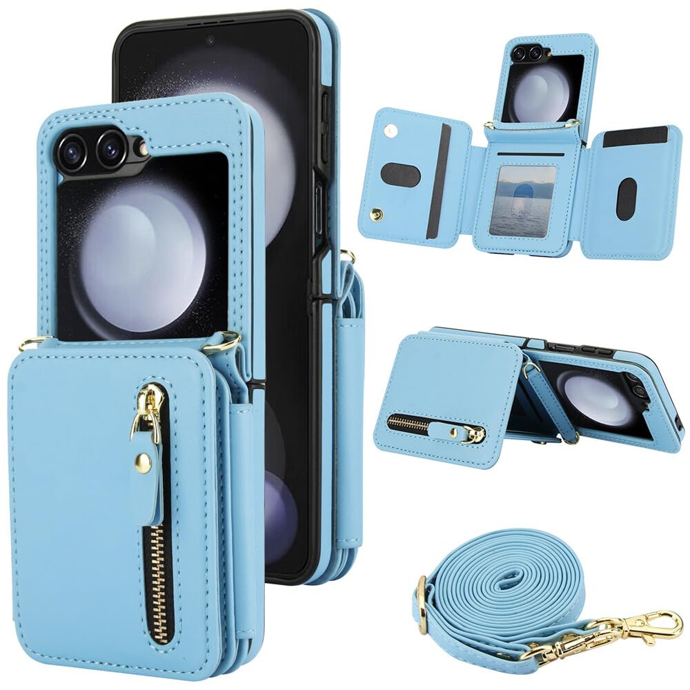 Generic - Funda compatible con Samsung Galaxy Z Flip 7 FE (color morado claro) con correa para el hombro con cremallera y billetera