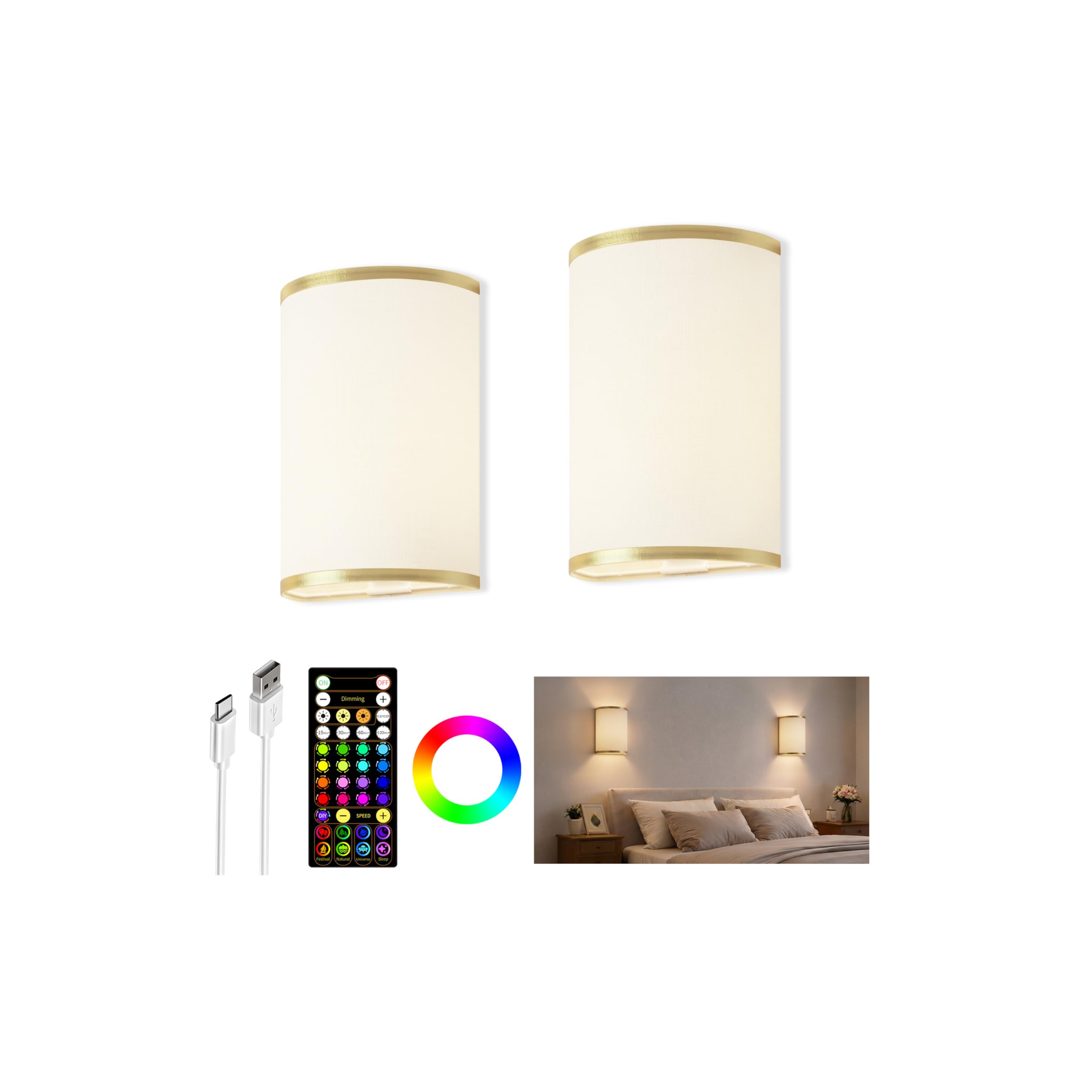 Photo 1 of EZVALO Battery Operated Wall Sconce, Wireless Wall Sconces Set of Two with Remote, 3 Color & 80 RGB Rechargeable Wall Lights, Dimmable, Timer, Fabric Linen Shade Wall Decor for Bedroom (White)