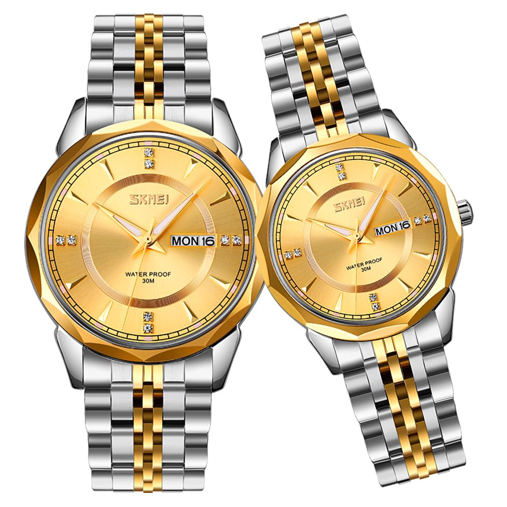 SKMEI Paar Uhren für Paare, Männer und Frauen, für Sie und Ihn, Uhrenset für Ehemann und Ehefrau, Valentinstag, passende Hochzeitsgeschenke, Edelstahl, Luxus, Business-Gold-Armbanduhr, Goldfarbenes