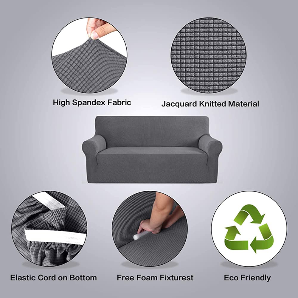 Housses de canapé Jacquard, Plaid Fleece Plain Stretch Couvre canape en Housse canape Dangle imperméable Simple pour Salon 1/2/3/4 Places avec taie d'oreiller (Light Gray,B-B 3 Seat 190-230cm)