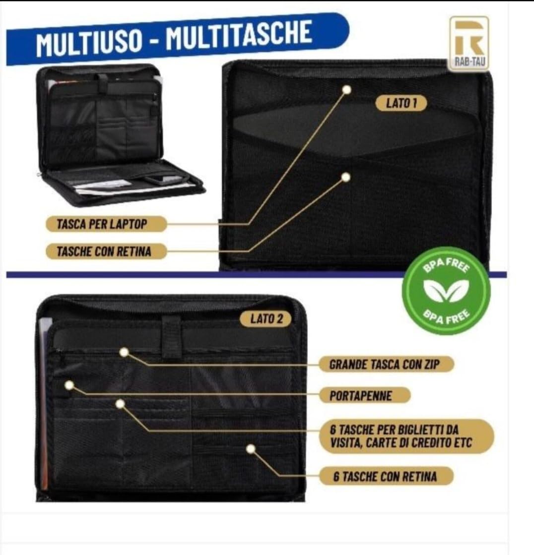 Cartella Portadocumenti in Eco Pelle Nera Porta Documenti A4 12 Slot Carte Organizer Ufficio Viaggio 36x26x5 cm