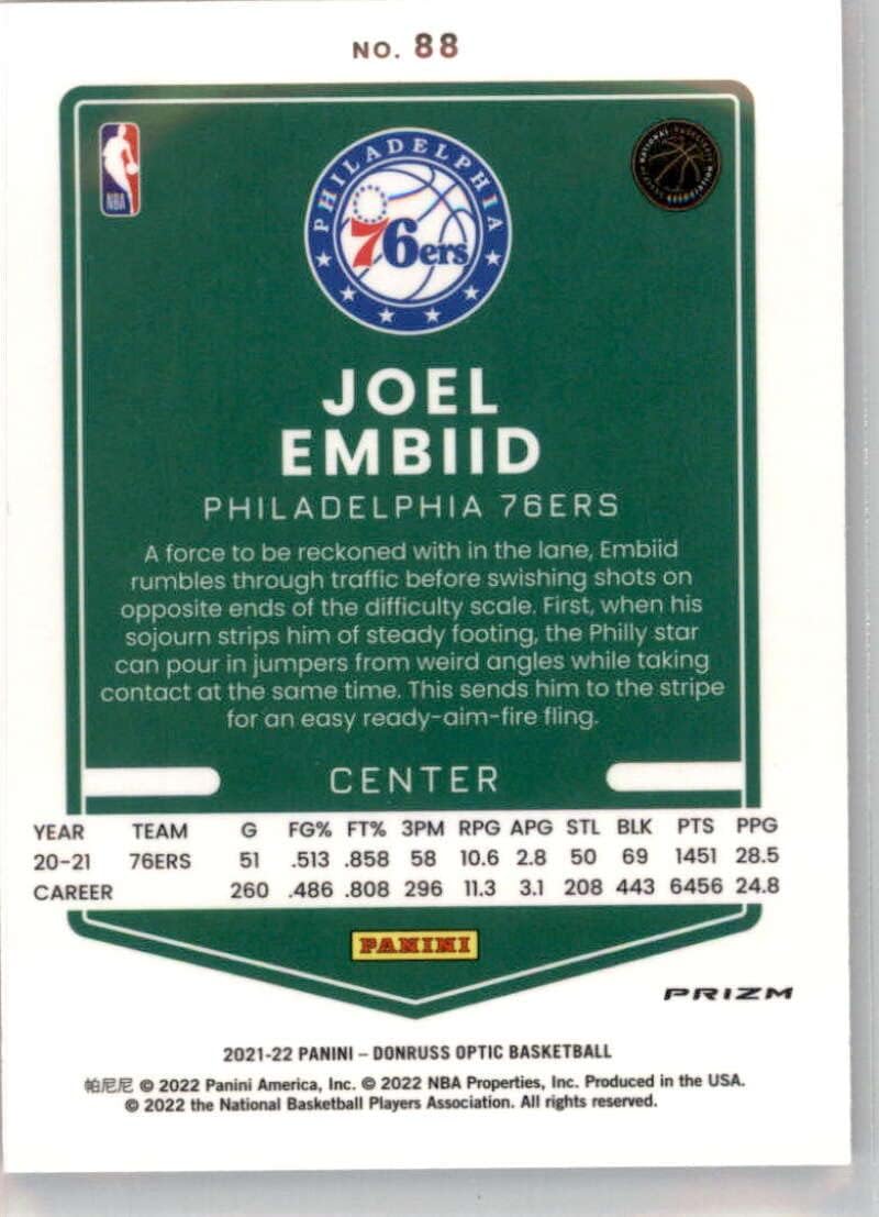 2021-22 Donruss Optic Silver Holo Prizm #88 Joel Embiid Philadelphia 76ers Official NBA Basketball Trading Card in Raw (NM or Better) Condition