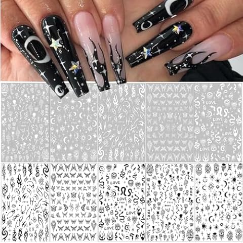 10 Sheets Black White Nail Art Stickers Gothic Nail Decals 3D Goth Snake Rose Flower Butterfly Eye Fishbone Star Moon Nail Sticker Designer Nail Art Supplies French for Acrylic Nails Art Decoration Cover