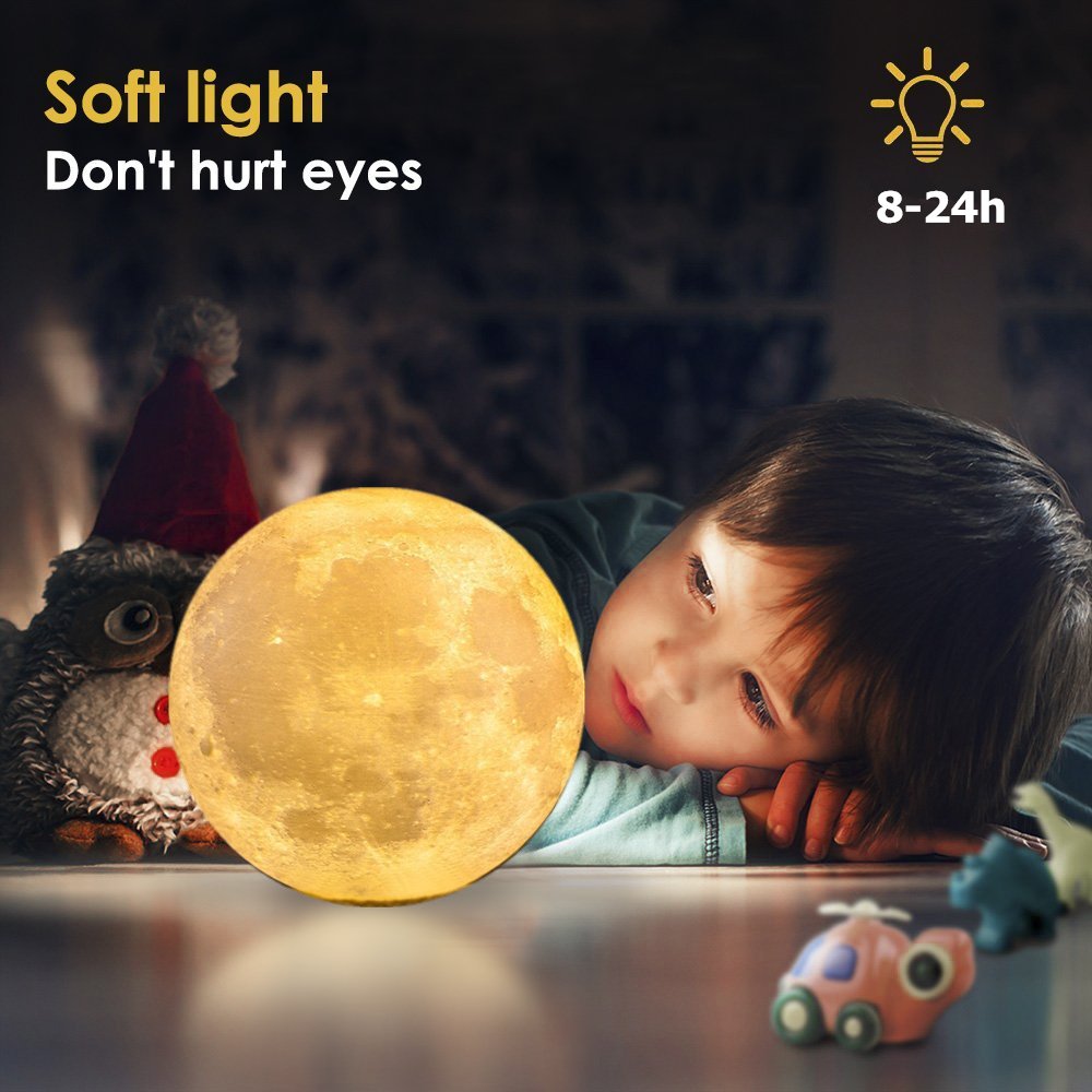 Morbuy LED Noche Proyección 3D Luna, Lámpara de Noche Realista 3D Impresión Recargable Control táctil Luminosidad Dos Tonos con Estante de Madera (20cm /7.87inch)