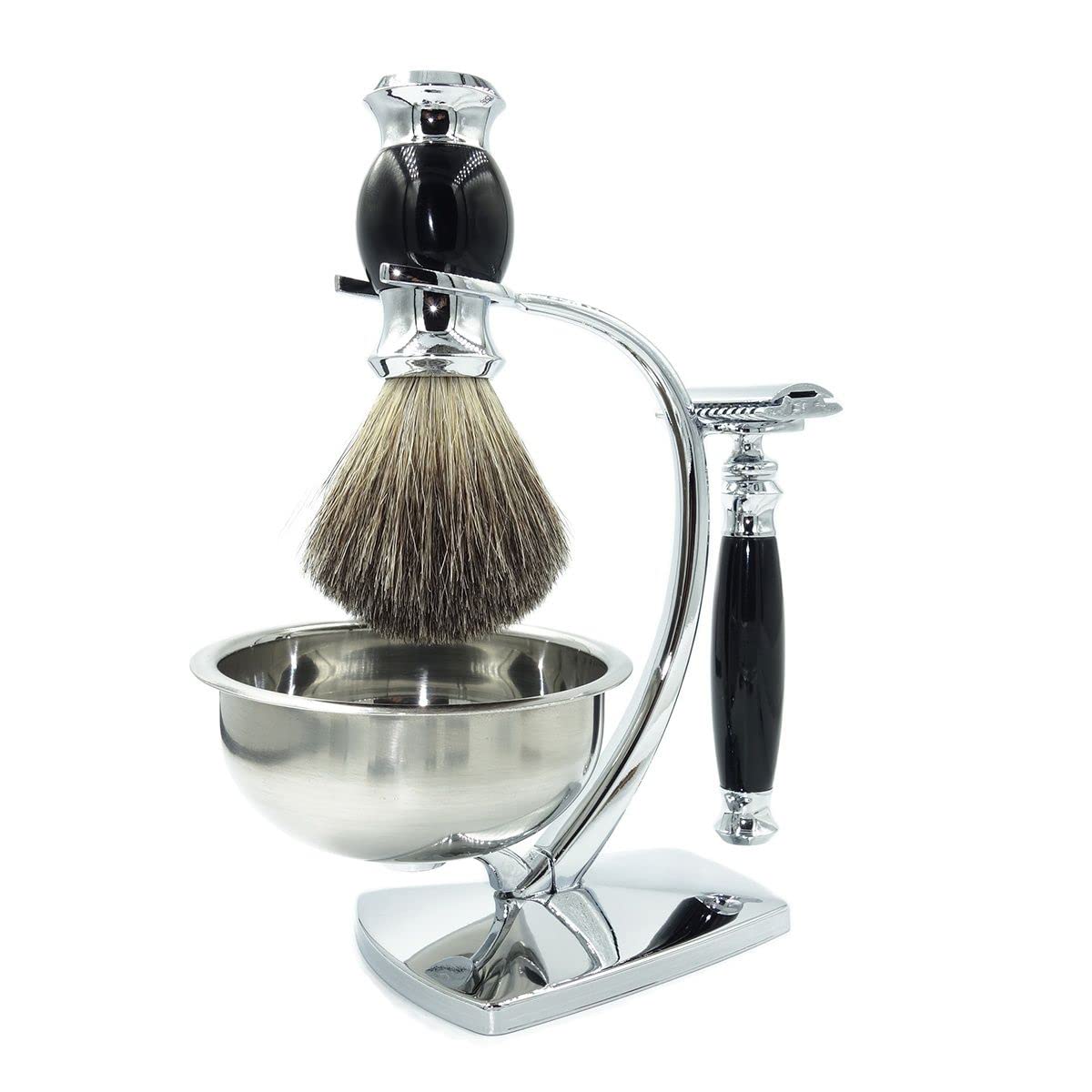 Soporte de maquinilla de afeitar práctico de lujo para cepillos de afeitar, juego de regalo de doble filo para hombre, cuenco de jabón de tejón para cepillo de pelo de tejón, kit de afeitado