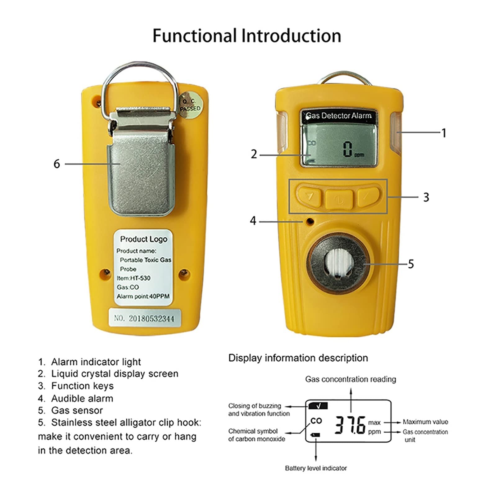 Detector de monóxido de carbono Medidor portátil digital Co Detector de gas de calidad del aire con monitor de alta precisión alarma sonora