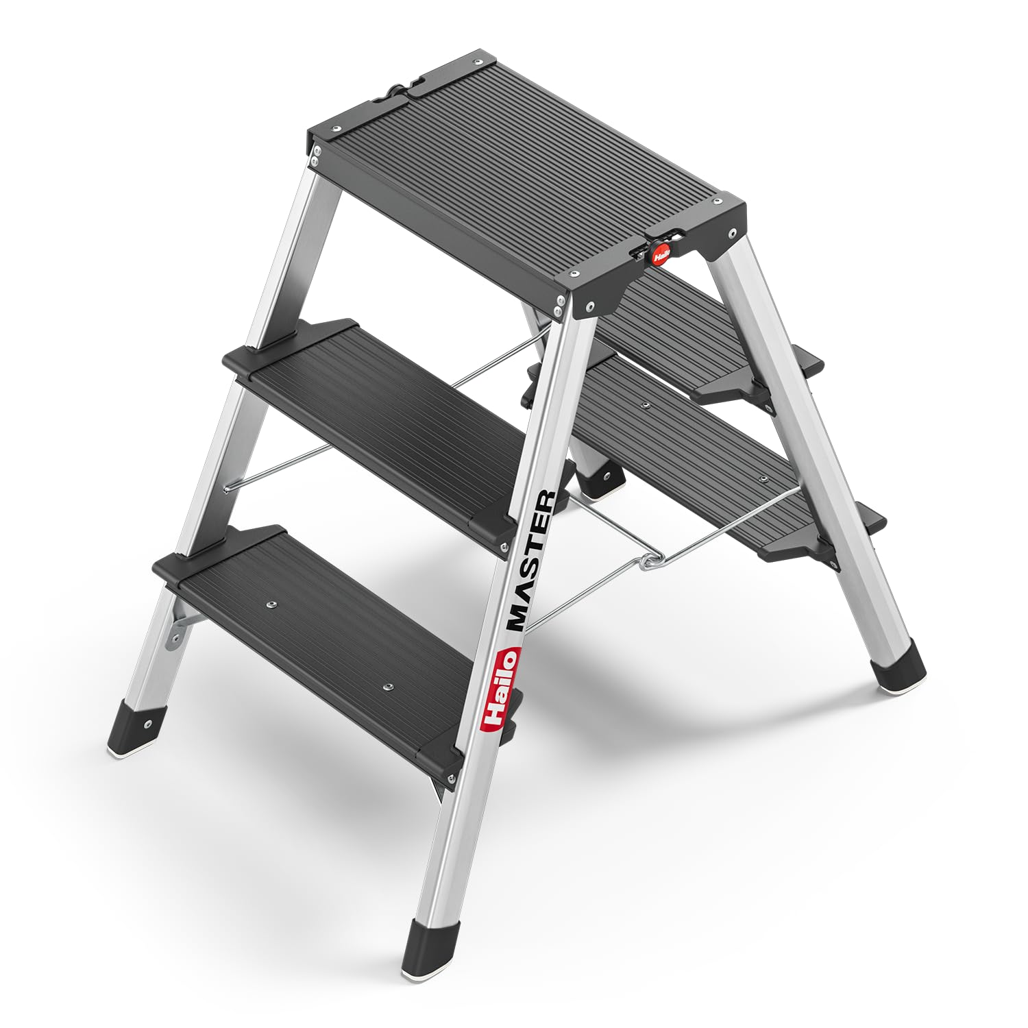 Hailo Master D70 Aluminium Doppelstufen-Trittleiter – kompakte & beidseitig begehbare Klappleiter - Rutschhemmende Stufen & gummierte Füßen - 2 x 3 Stufen - EN 14183 geprüft - belastbar bis 150 kg