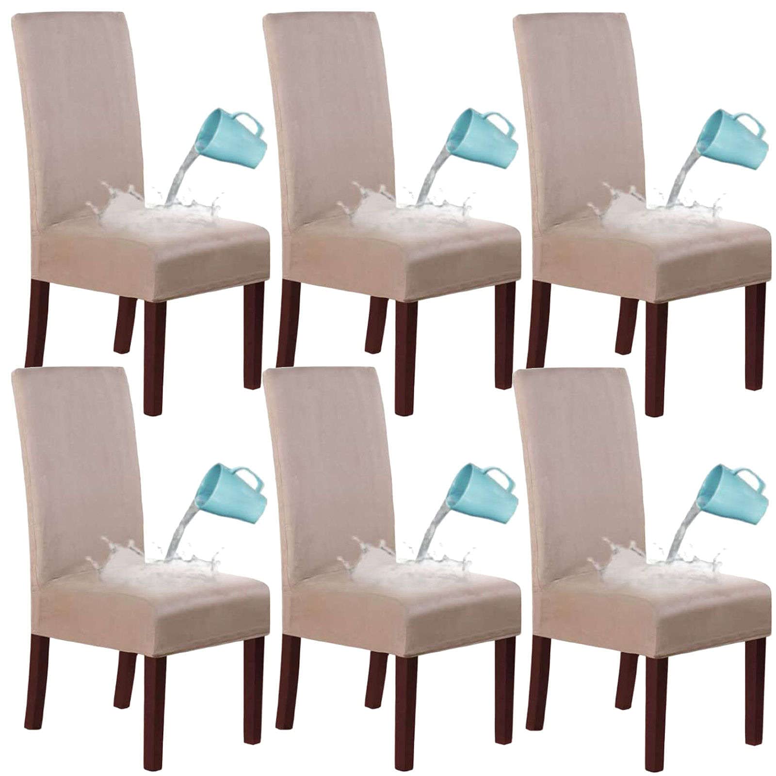 Stretch Waterproof Dining Room Chair Slipcovers, Stretch Suede Fabric Removable Dining Chair Covers Seat Slipcover, Chair Covers For Kitchen Hotel-Khaki-set of 6