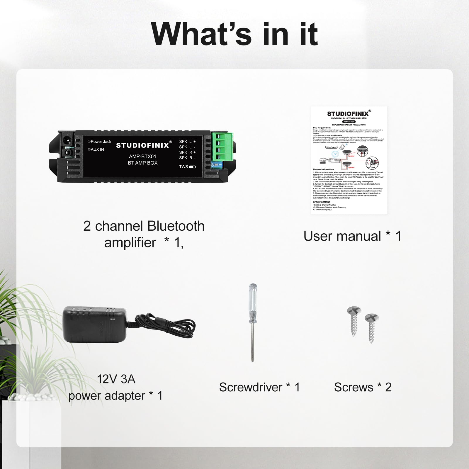 STUODIOFINIX Mini amplificateur Bluetooth 2 canaux pour haut-parleurs passifs avec TWS, AUX, pièce de rechange, adapté aux haut-parleurs muraux/plafond/marine/bibliothèque