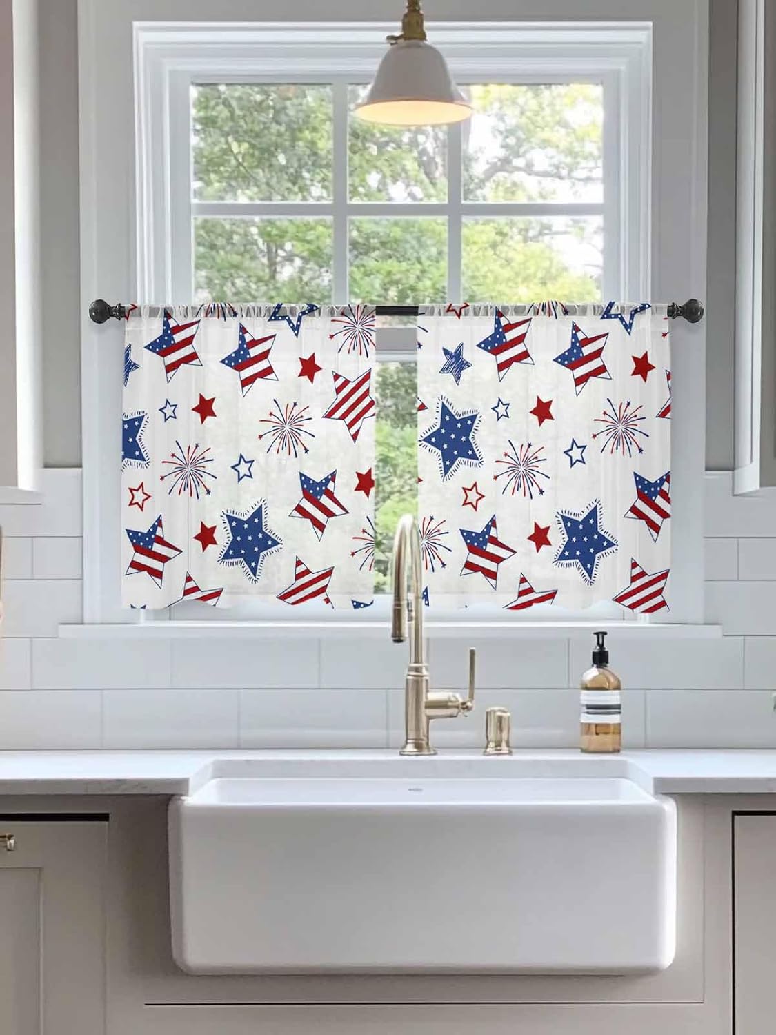 Patriotic Star Sheer Curtains 45 Inch Long 2 Panels, Independence Day American Flag 4th of July Light Filtering Window Sheer Curtains, Rod Pocket Voile Drapes for Living Room Bedroom, 52”x45”