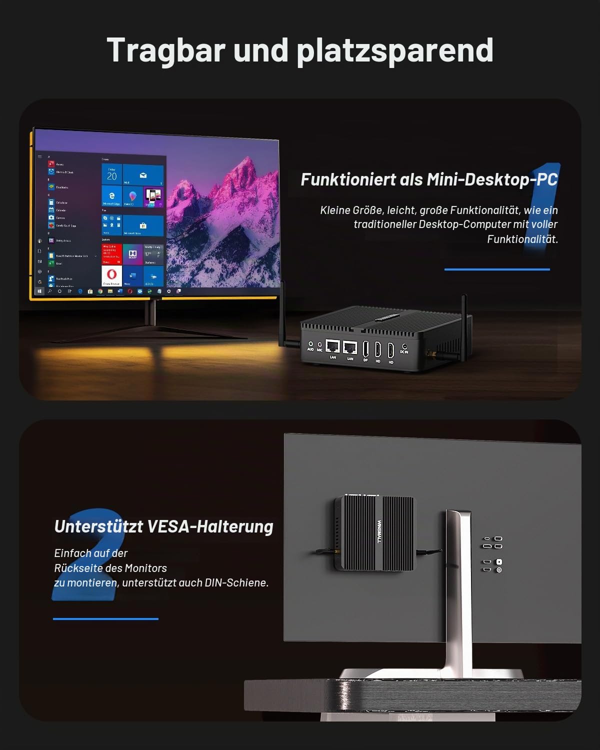 Lüfterloser N100 Mini PC Industrie Computer 3-Display 8GB RAM 128GB SSD | 4K Triple Display, Dual HD/DP, dual Lan, 2x RS232 COM, Auto Power On, 12V Embedded Mini pc Server Linux
