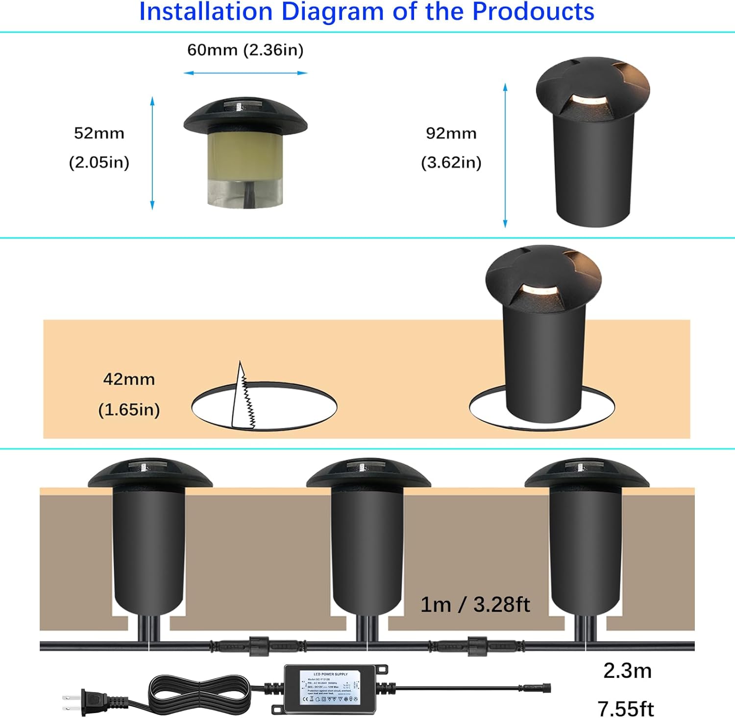LED Outdoor In Ground Lights with Protecting Shell, Warm White Φ2.36in Low Voltage 12V DC IP67 Waterproof, Electric Wired Recessed Landscape Well Lighting for Outside Yard Floor, 6 Pack Black