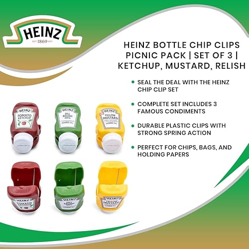 Miniatura 7 de Heinz - Juego de 3 clips para chips para botellas, incluye ketchup, mostaza, condimento, útil como decoración de cocina del hogar, abrazaderas de