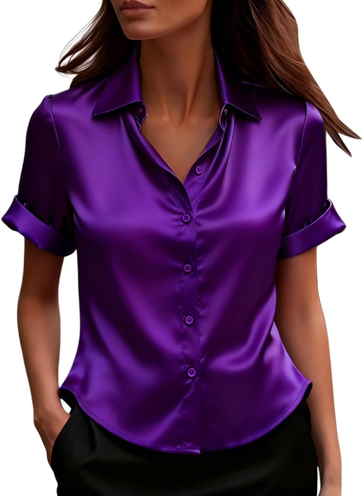 Satin Blouse for Women UK Button Up Short Sleeve Shirts Ladies V Neck Roll Up Sleeve Shirt Work Business Casual Silk Tops Plain Lightweight Cozy Summer Top