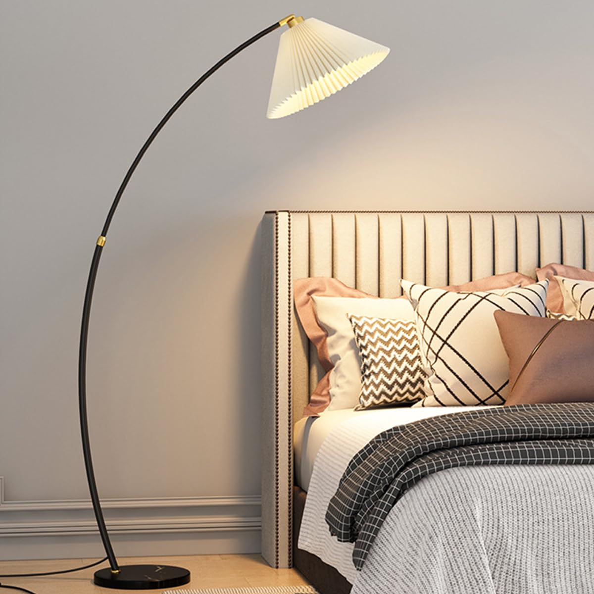 HGJHJJHK 65″ Arc Floor Lamp Modern Corner Standing Lamp with Adjustable Hanging Pleated Lampshade Gold Floor Lamps with Foot Switch Over Couch Tall Reading Light Pole Lamp for Bedroom Office