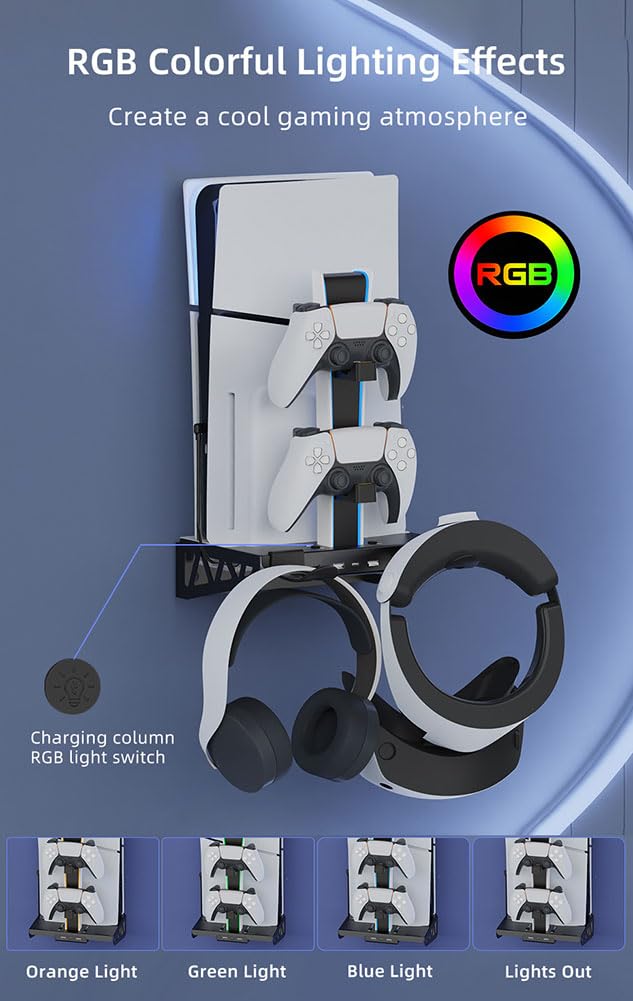 Soporte de pared para PS5/PS5 Slim/PS5 Pro, kit con ventilador de refrigeración y estación de carga, soporte flotante para PS5/PS5 Slim/Disc y consola digital/PS5 Pro, con soporte de pared