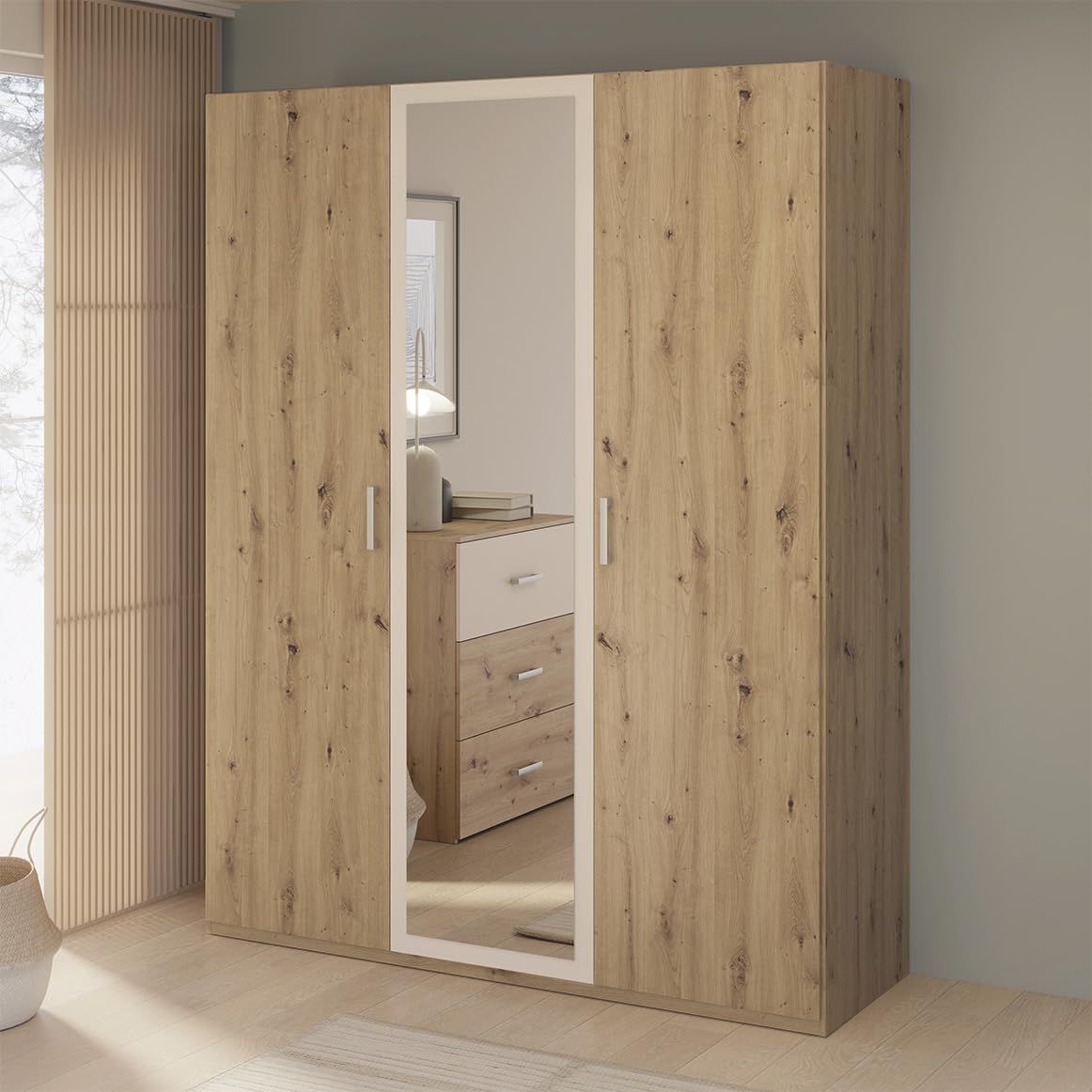Meubletmoi Armoire Dressing/Penderie Décor Chêne et Sable Mat avec Miroir, 3 Portes Battantes et Poignées en Plastique Effet Aluminium - Design Contemporain - DODOMA