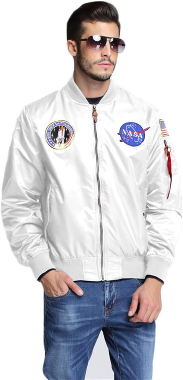 Mens NASA Embroidery Badge Slim Fit Bomber Jackets Zipper Windbreaker