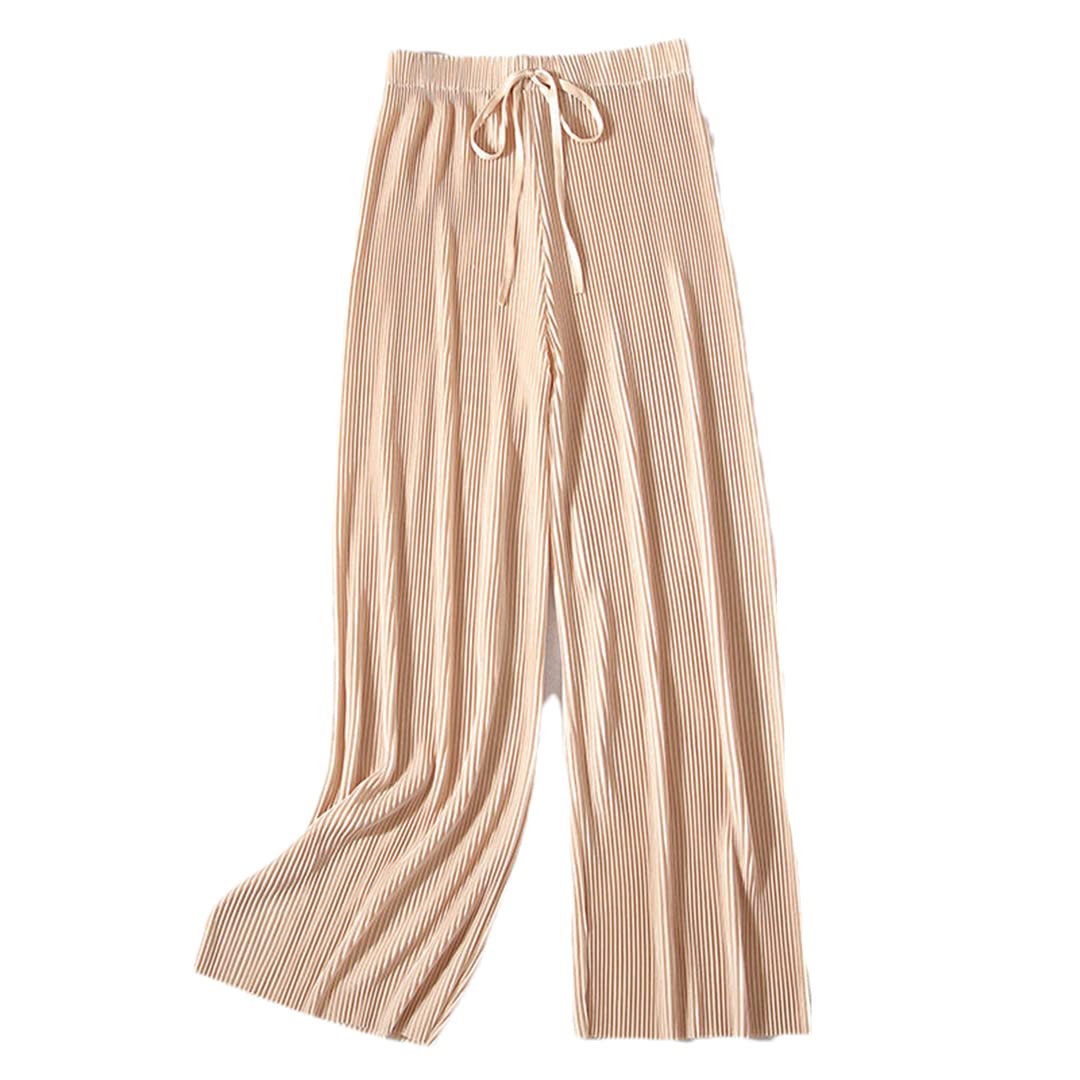 Deepsko Womens Spring and Summer Pleated Tie High Waist Elastic Solid Color Wide Leg Pants