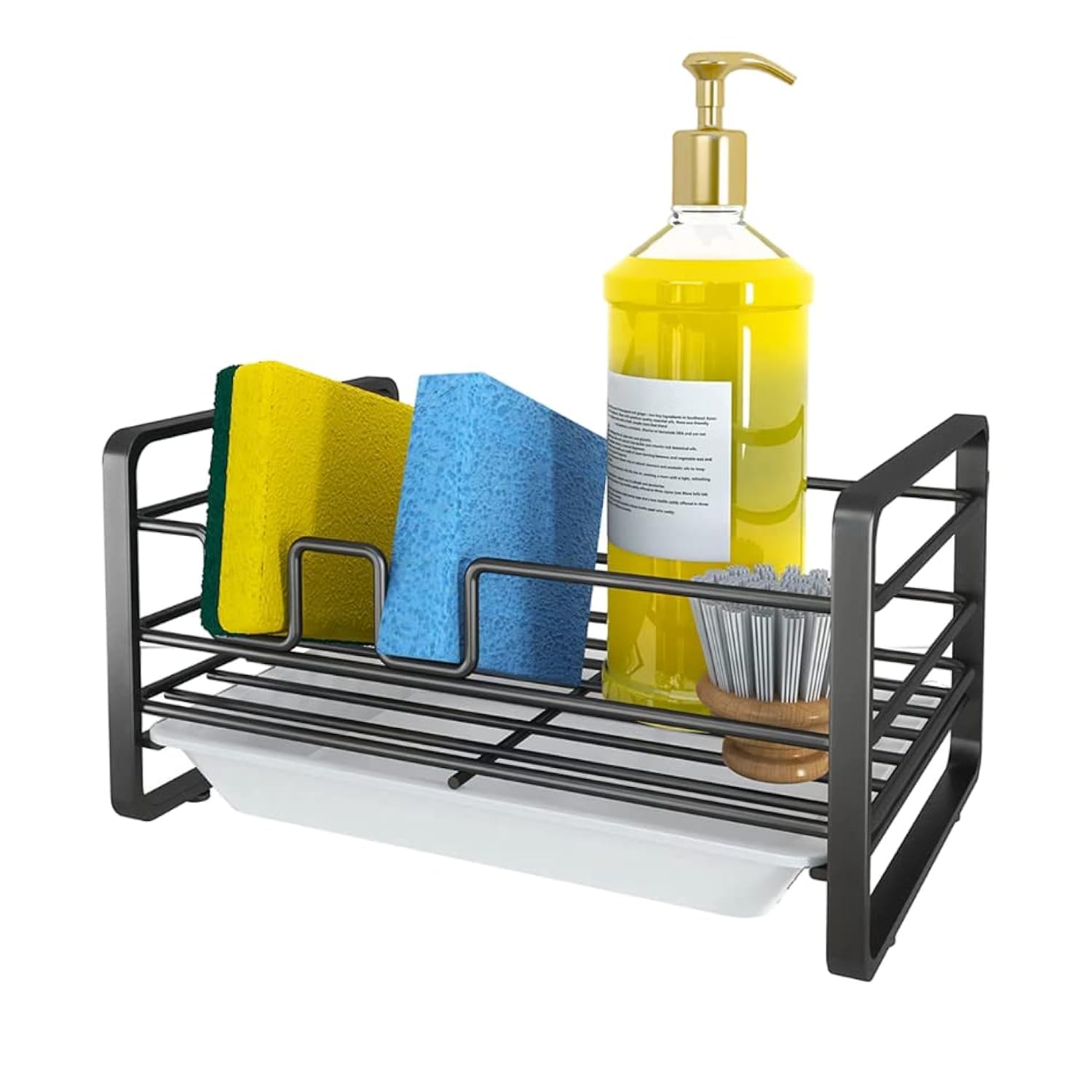 RACK STORE Kitchen Sponge Holder, Kitchen Organizer with Drain Tray, Dishwashing Liquid Drainer Bottle & Brush Storage Rack, Sink Caddy Organizer Cleaning Tools Holder for Kitchen… (Black)