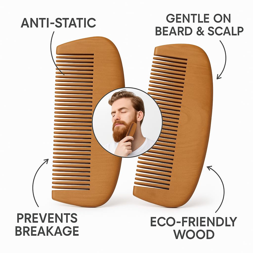 Beard Comb for Men - 2-pack - Natural Wood Wide Tooth Pocket Comb - Anti-Static, Durable & Portable Beard, Mustache & Hair Grooming Tool - Perfect for Detangling, Styling, Shaping- Premium Quality