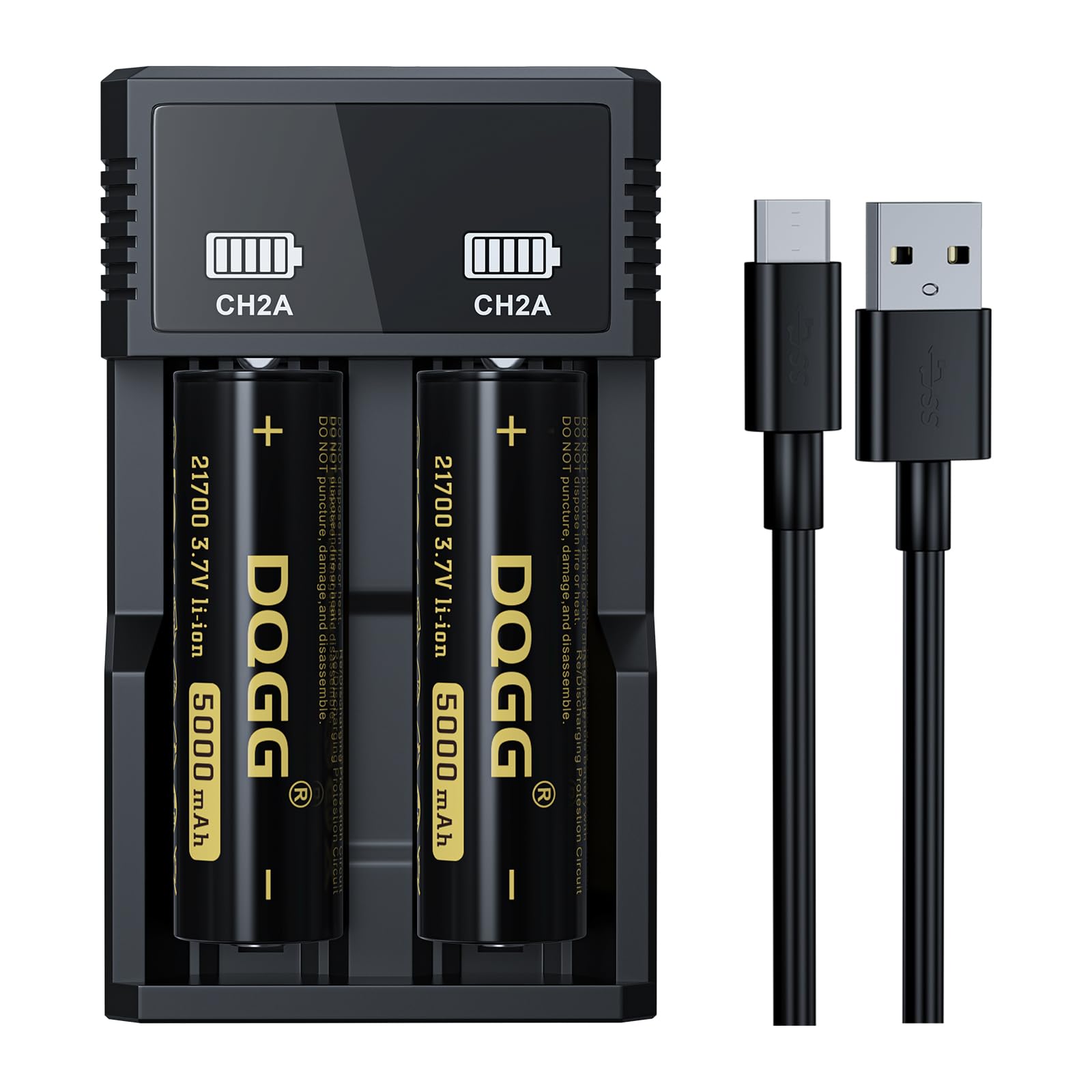 ABCTOY 21700 Rechargeable Battery 3.7Volt 5000mAh High Capacity Flat Top for Headlamp Flashlight (21700 Battery+Charger,2 Pack)