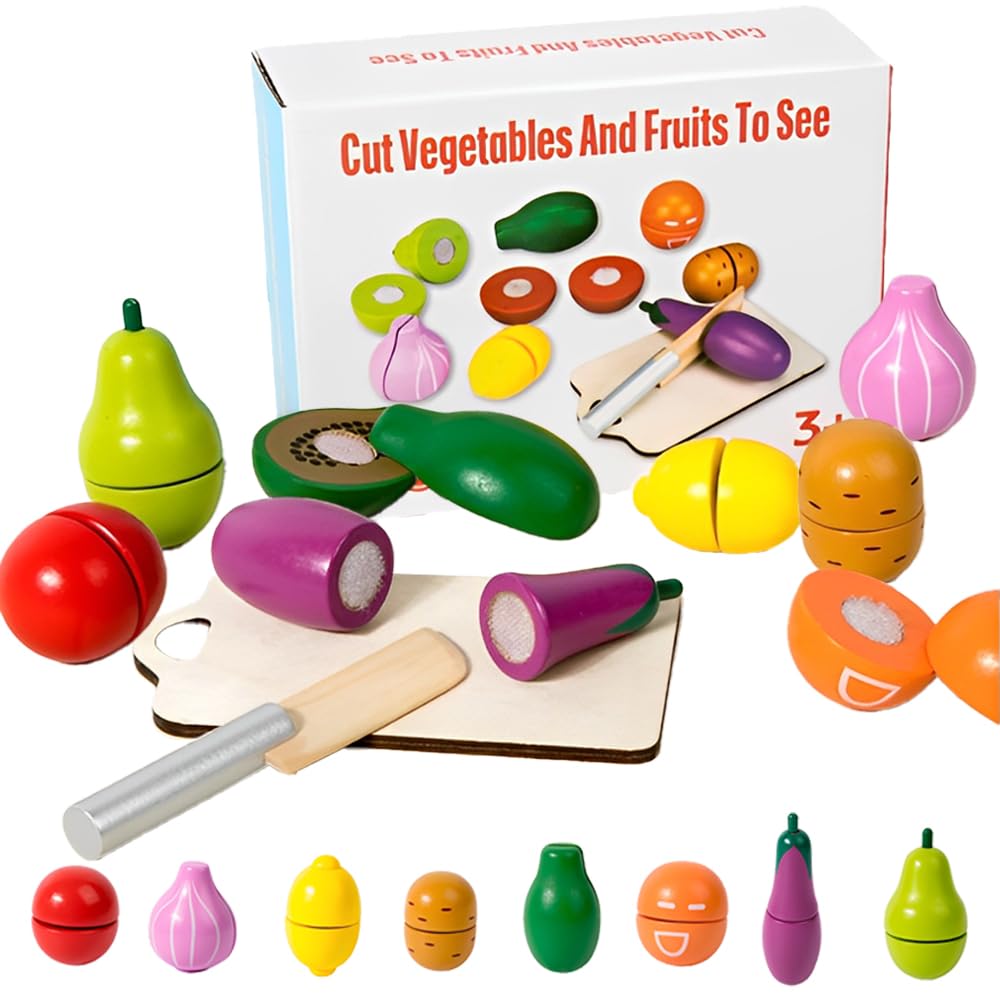 Kit De Fruits Et Légumes à Découper En Bois – 10 Pièces + Couteau, Planche – Dès 2 Ans – Cadeau Montessori