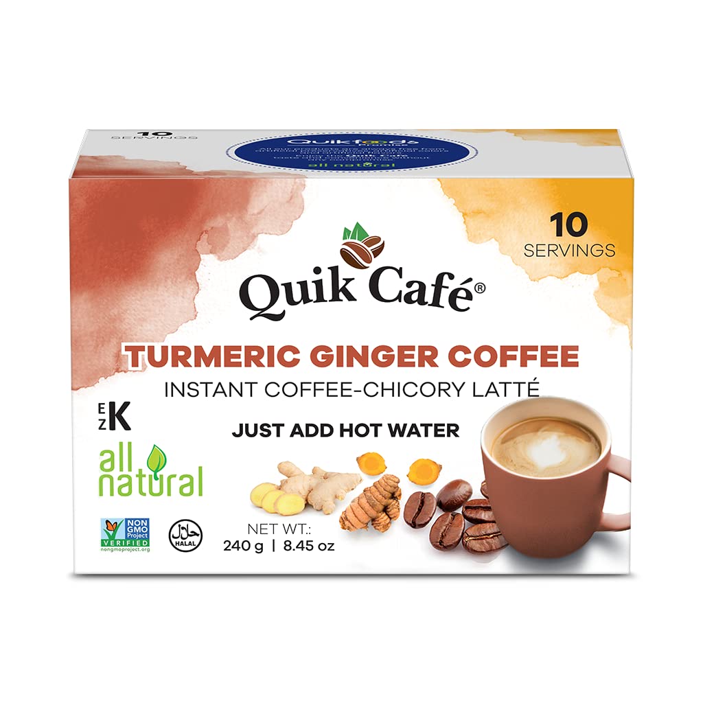 Quik Café Turmeric Ginger Coffee - 100 Count (10 Boxes of 10 Each) - All Natural Instant Golden Coffee