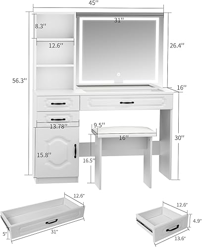 Miniatura 5 de VOWNER Tocador con espejo iluminado escritorio de maquillaje con parte superior de vidrio, tira de corriente, cajones y estantes, 3 modos de