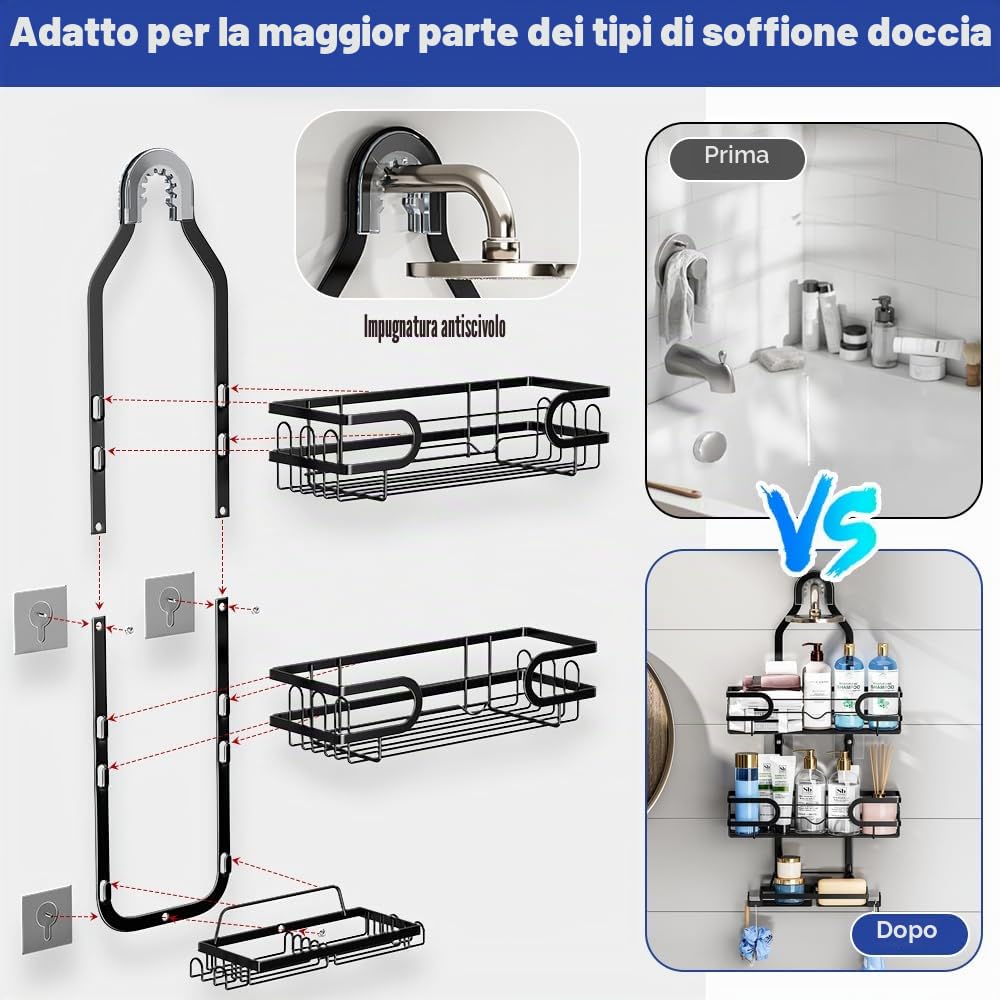 Mensola Doccia da Appendere a 3 Ripiani, Portasapone Doccia Senza Foratura, Portaoggetti da Doccia Sospesa in Metallo, Cestello di Scarico Doccia Appesa, Cestino Pensile da Bagno - Nero