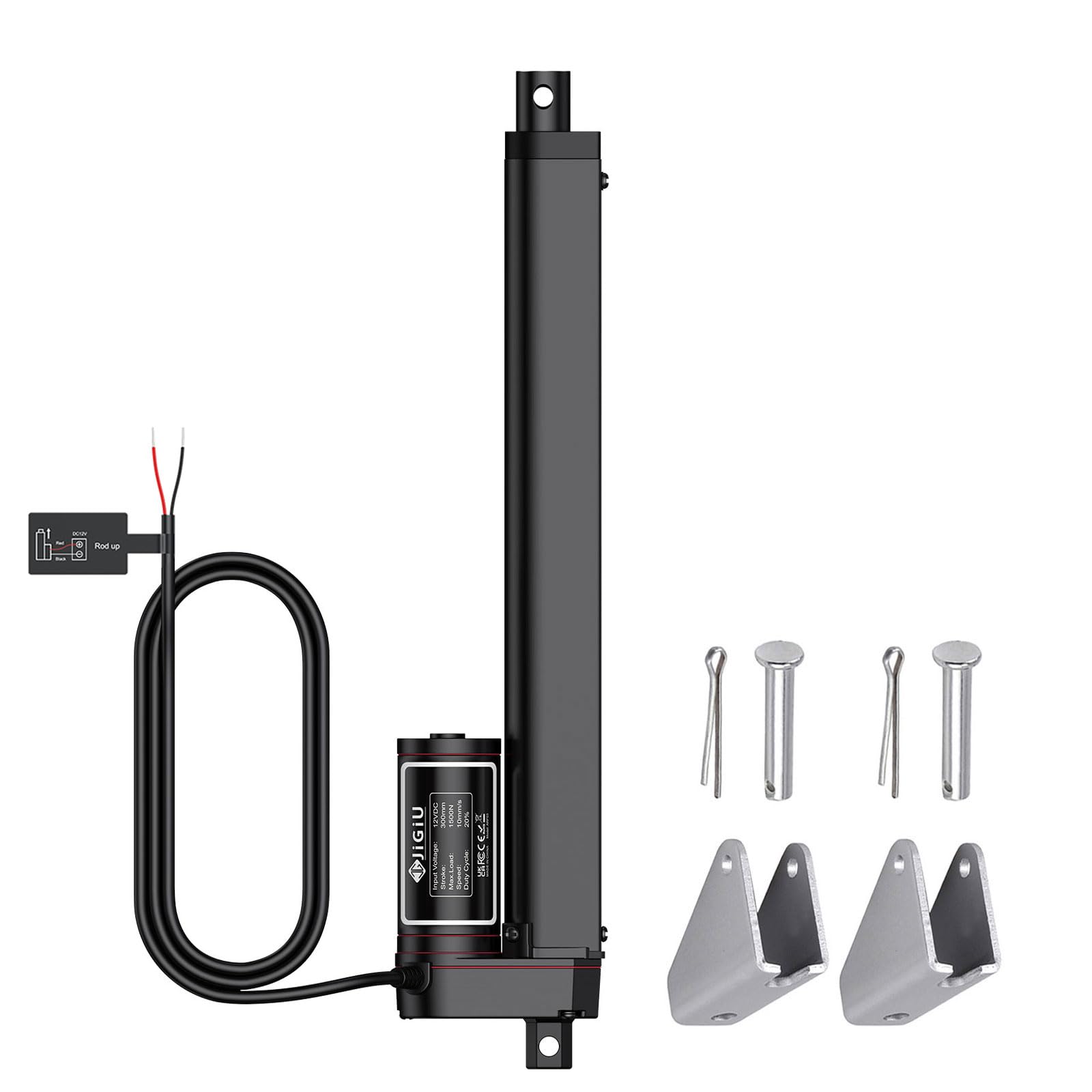 JiGiU 12V 電動アクチュエーター 線形アクチュエーター IP65 直線運動(300mm 1500N ブラック)