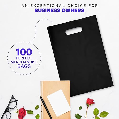 Miniatura 2 de InfinitePack - Bolsa de plástico con asa troquelada, 12 x 15 pulgadas, bolsas de plástico negro para mercancía, paquete de 100 unidades para venta
