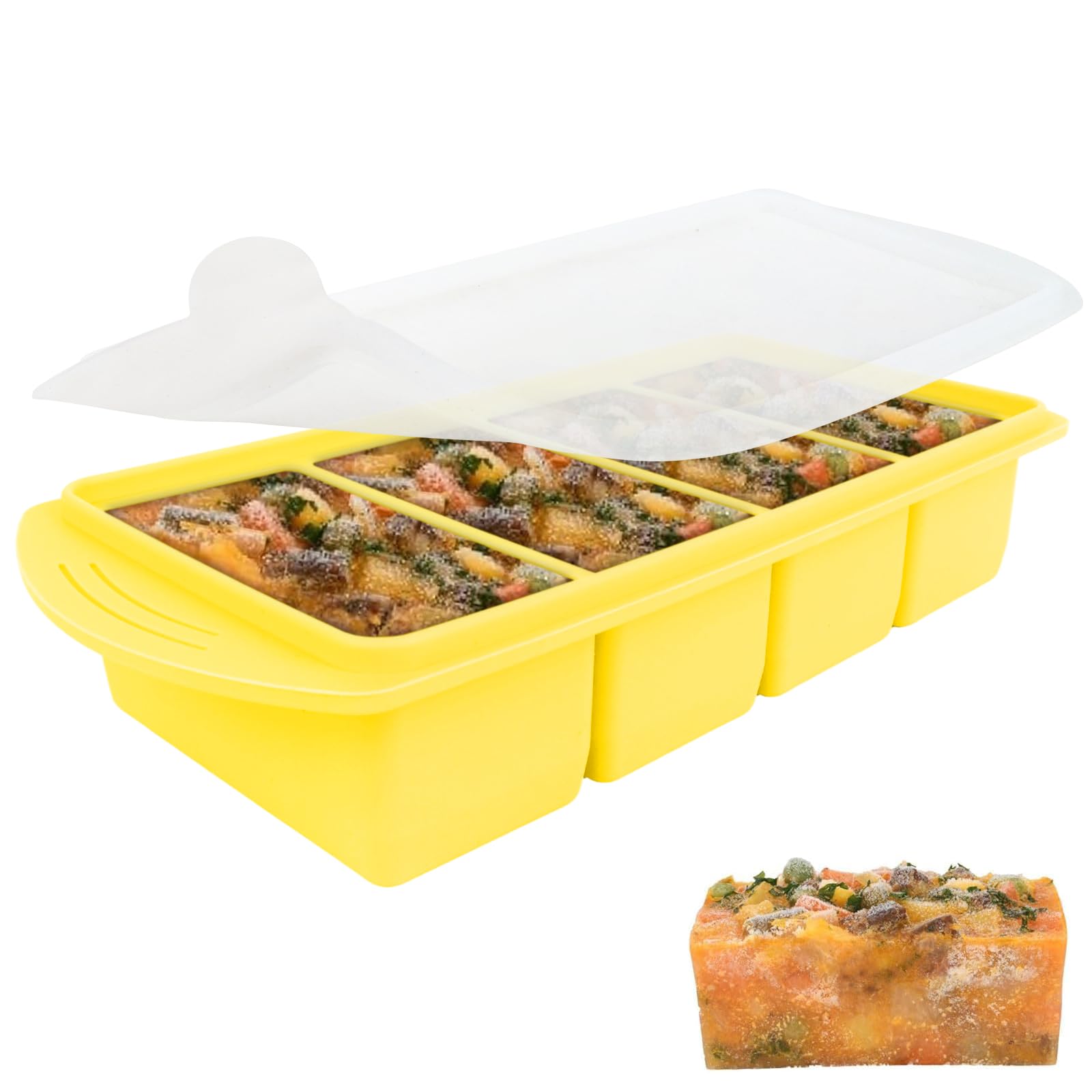 Jonuin 1 Pack Soup Cubes Silicone Freezer Tray, Soup Freezer Containers with Lid, Large 4-Compartment, Makes 4 1-Cup Portions Cubes, Silicone Freezer Moulds for Meal Prep, Soups, Sauce (Yellow)
