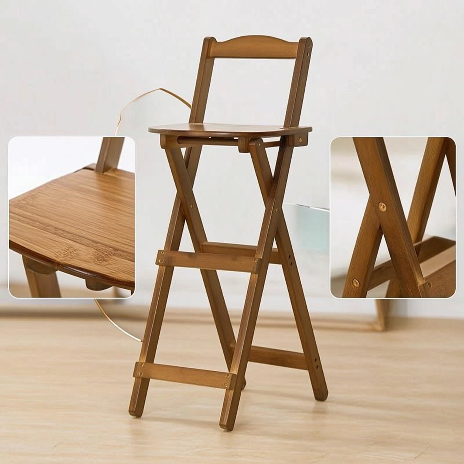 Qectial Asiento Plegable para Mostrador Taburete Alto Silla de Barra Silla Plegable de Bambú con Respaldo y Diseño Plegable Completo Estructura Estable y, Grande 96CM, Marrón Té