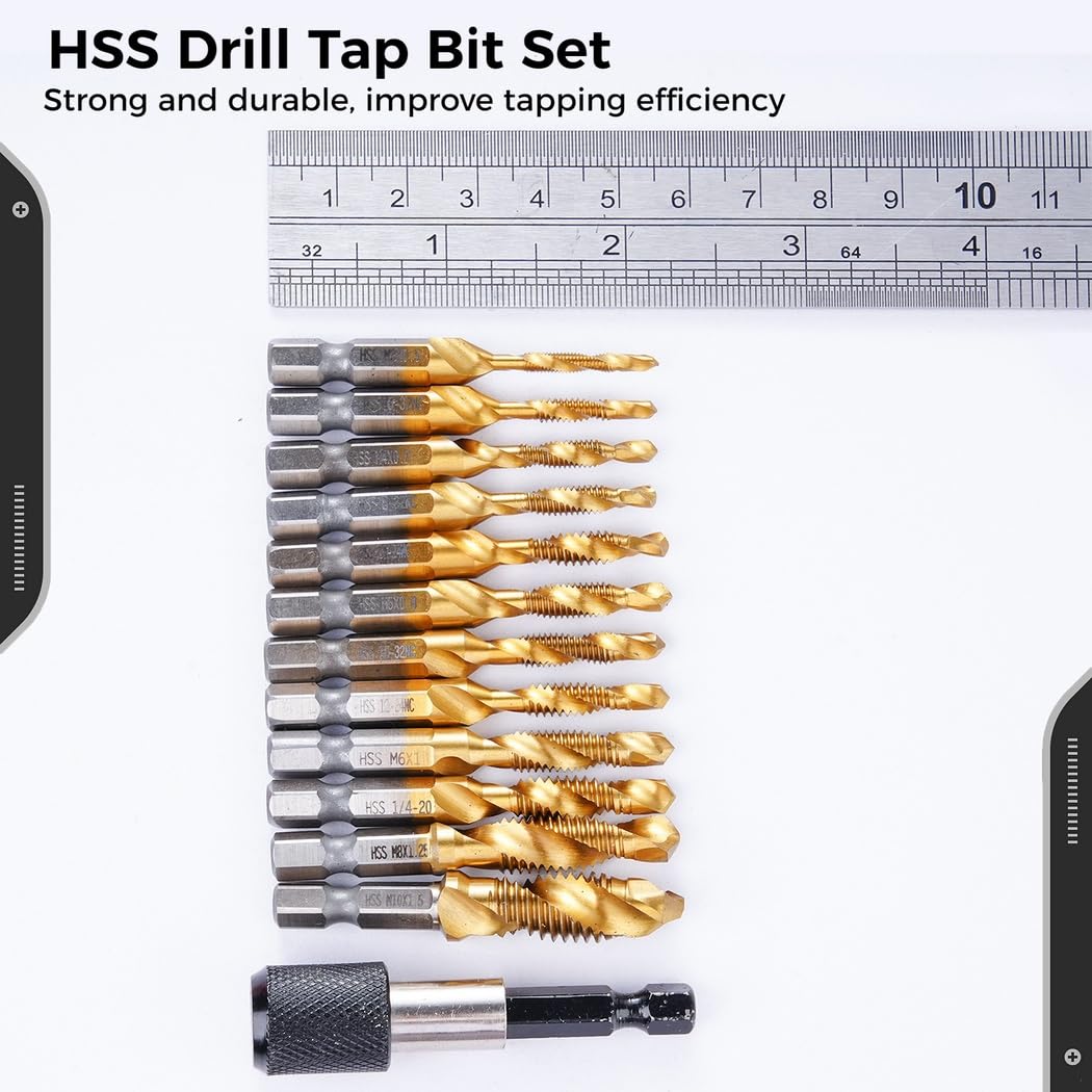 13-Piece Drill Tap Set with SAE/Metric Drill and Tap Bits, Quick-Change Hex Shank Adapter, Titanium Steel for Drilling, Tapping & Countersinking